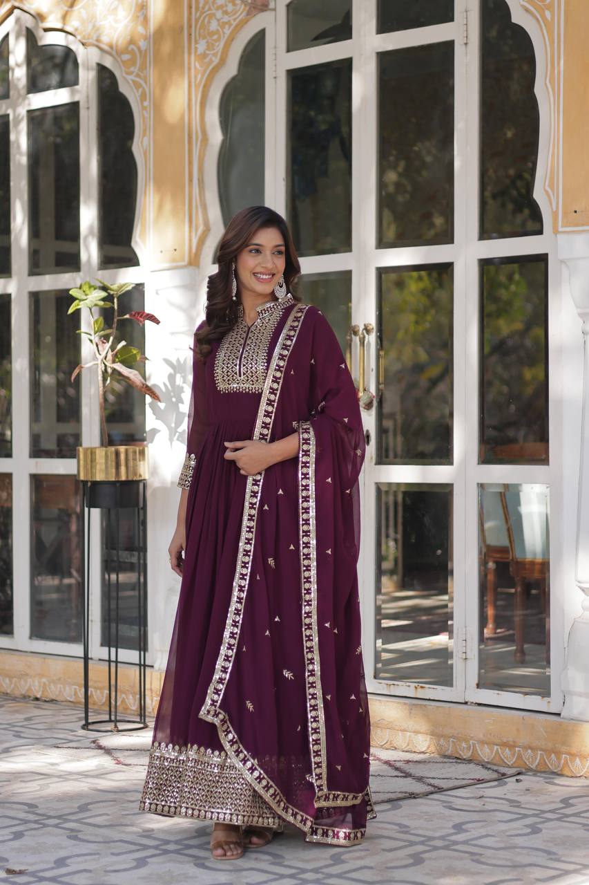 Lovely Georgette Wine Color Long Gown