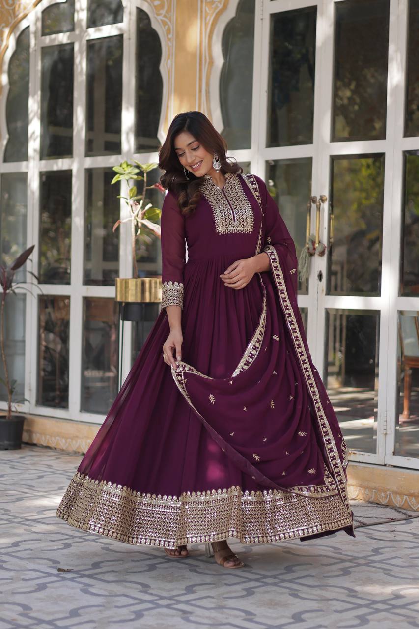 Lovely Georgette Wine Color Long Gown