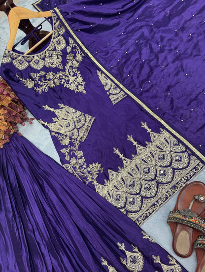 Ceremony Wear Chinon Silk Purple Color Palazzo Suit