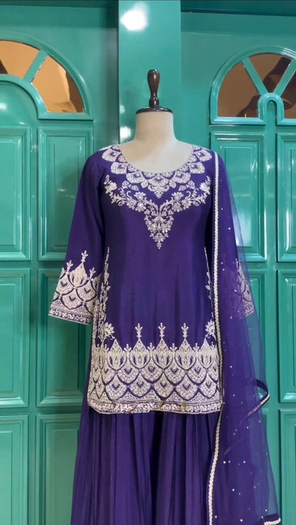 Ceremony Wear Chinon Silk Purple Color Palazzo Suit