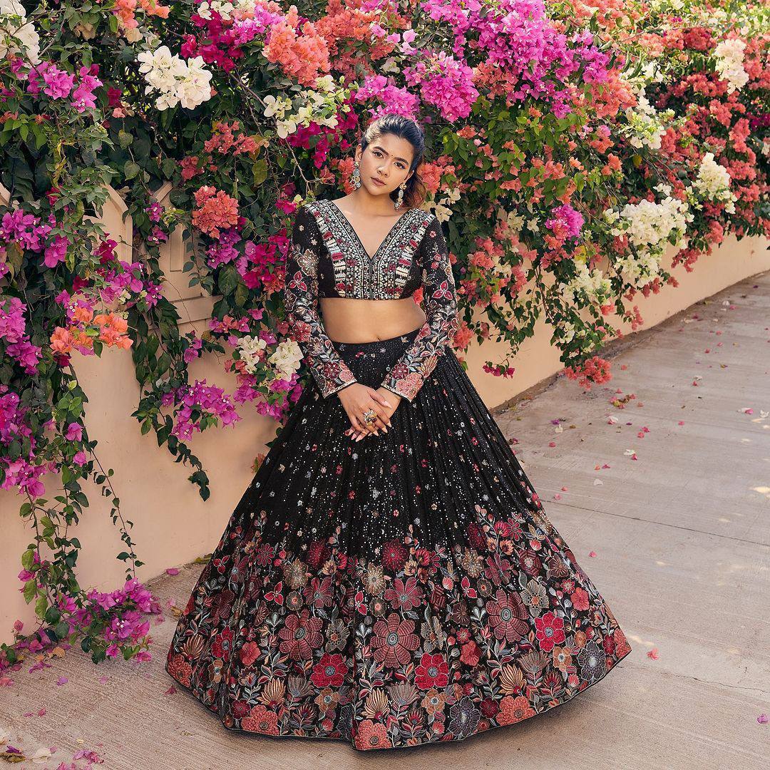 Stunning Pretty Georgette Black Color Lehenga Choli