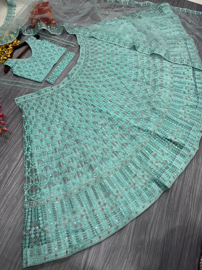 Outstanding Teal Blue Color Heavy Embroidery Lehenga Choli