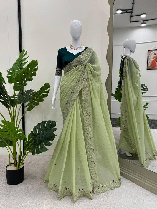 Occasion Wear Perrot Color Sequence Work Saree