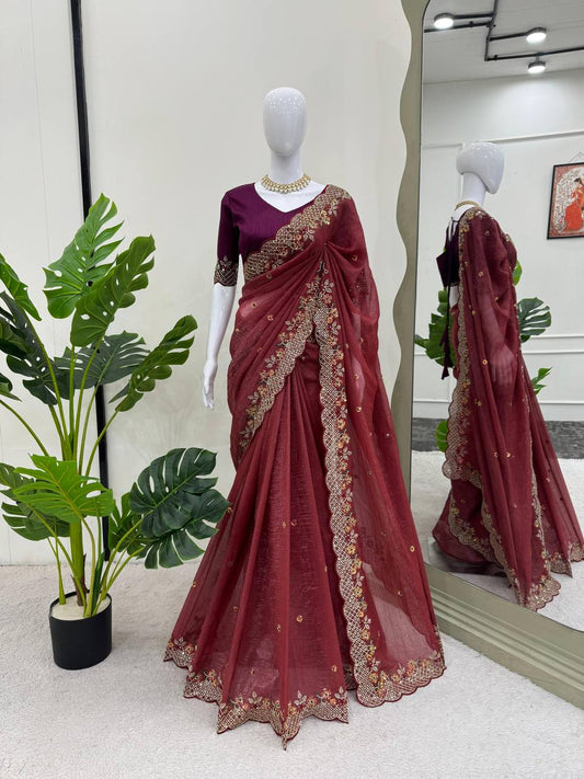 Occasion Wear Red Color Sequence Work Saree