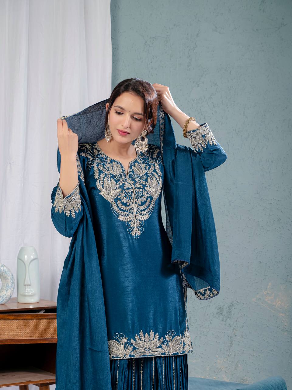 Glimmering Chinnon Silk Sequence Work Teal Blue Color Sharara Suit