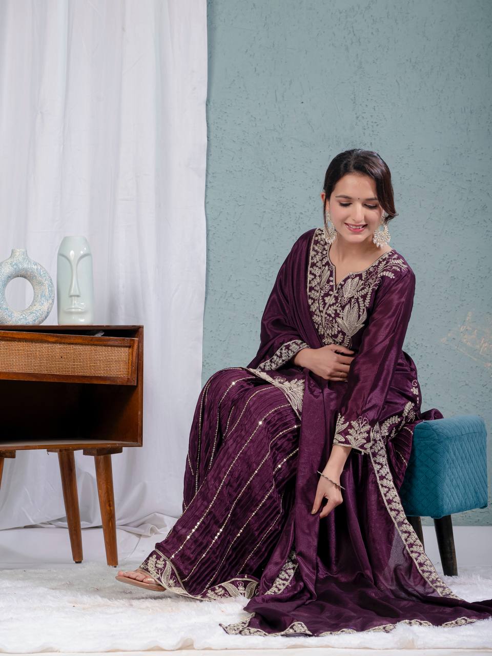 Glimmering Chinnon Silk Sequence Work Wine Color Sharara Suit