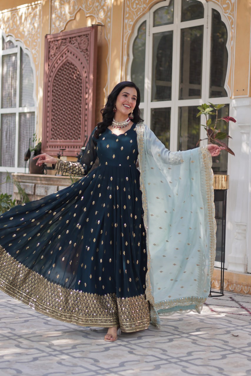 Outstanding Navy Blue Color Sequins Work Gown