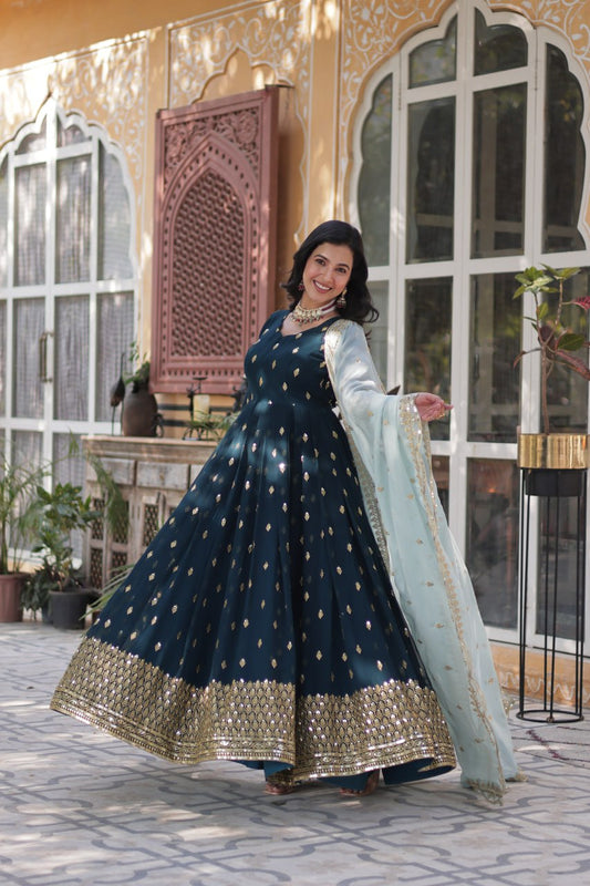 Outstanding Navy Blue Color Sequins Work Gown