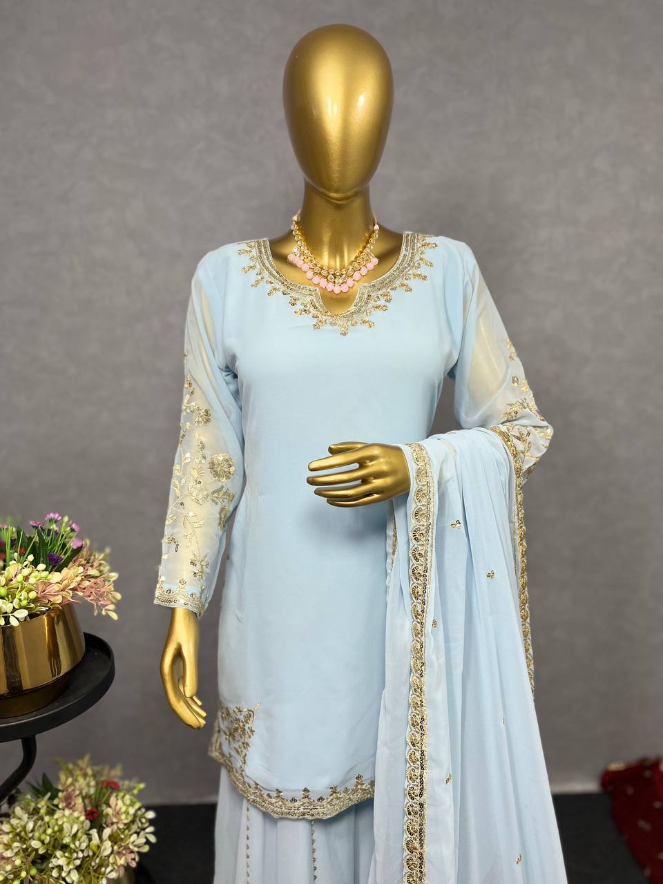 Beautiful Sky Blue Color Kurti With Sharara And Dupatta