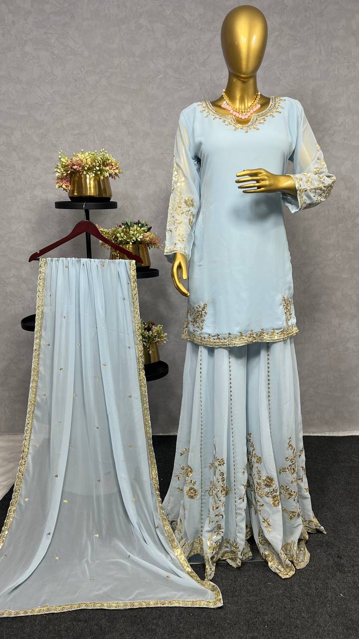 Beautiful Sky Blue Color Kurti With Sharara And Dupatta