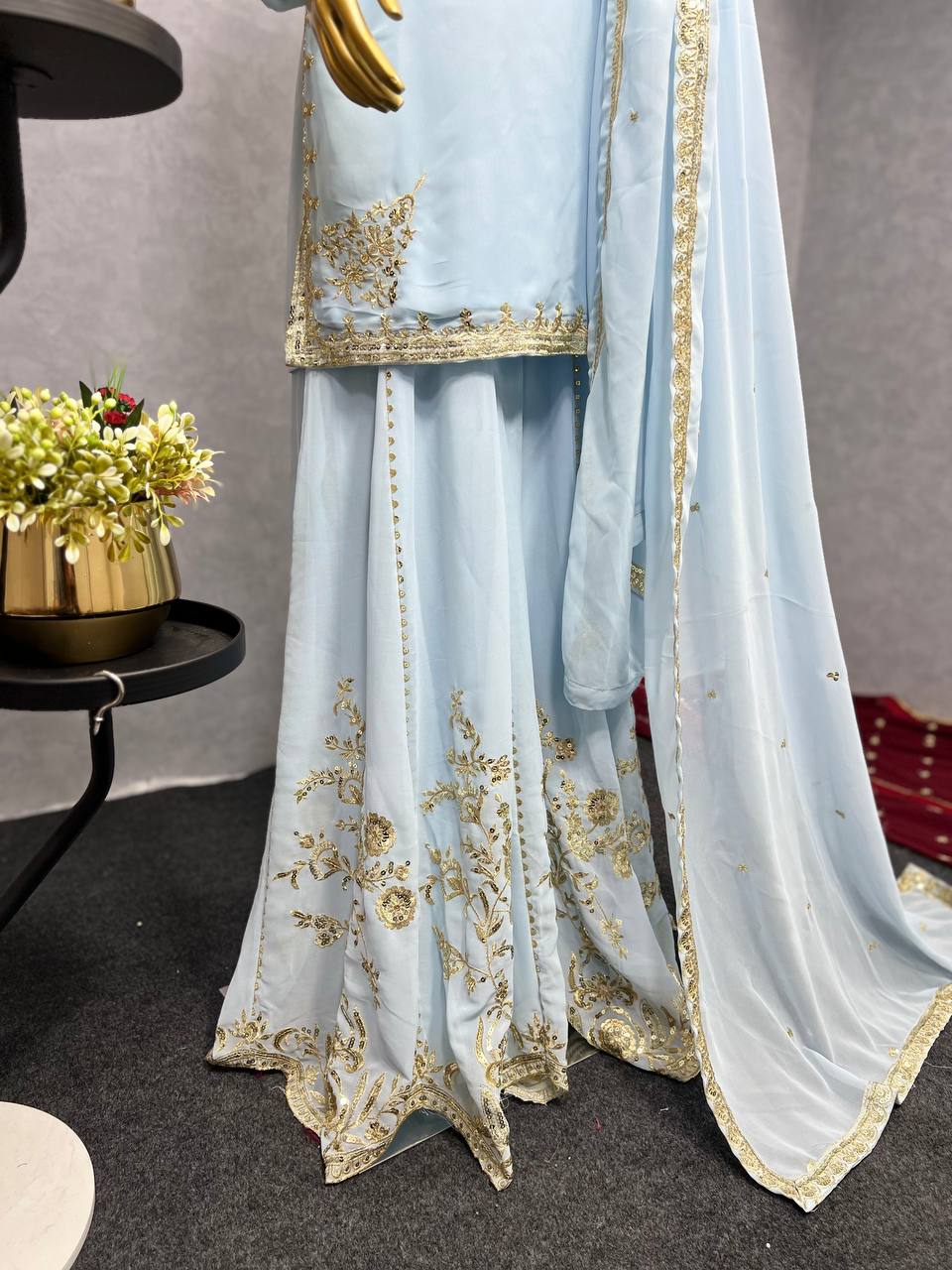 Beautiful Sky Blue Color Kurti With Sharara And Dupatta
