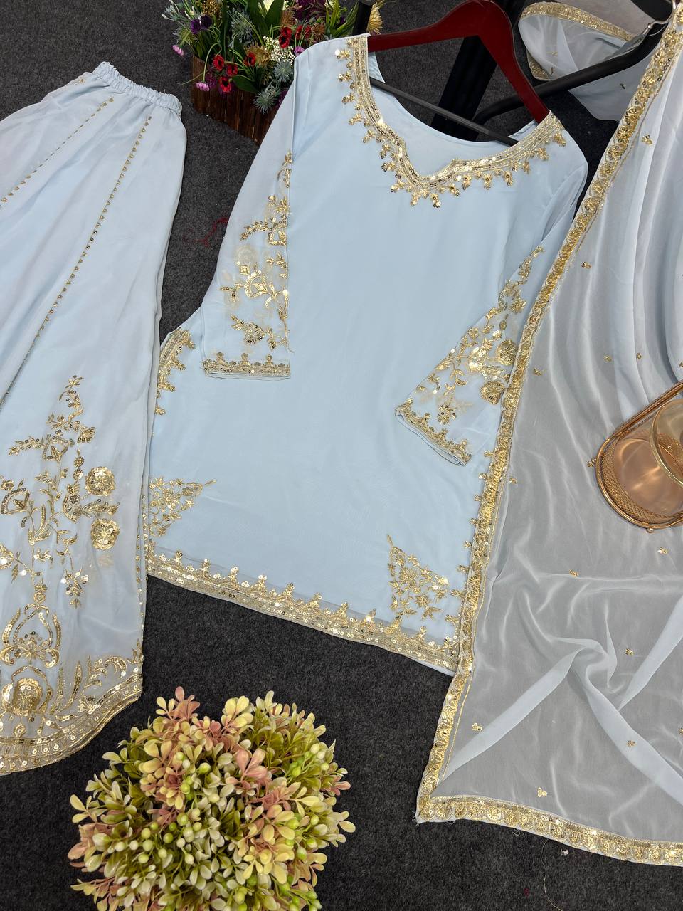 Beautiful Sky Blue Color Kurti With Sharara And Dupatta