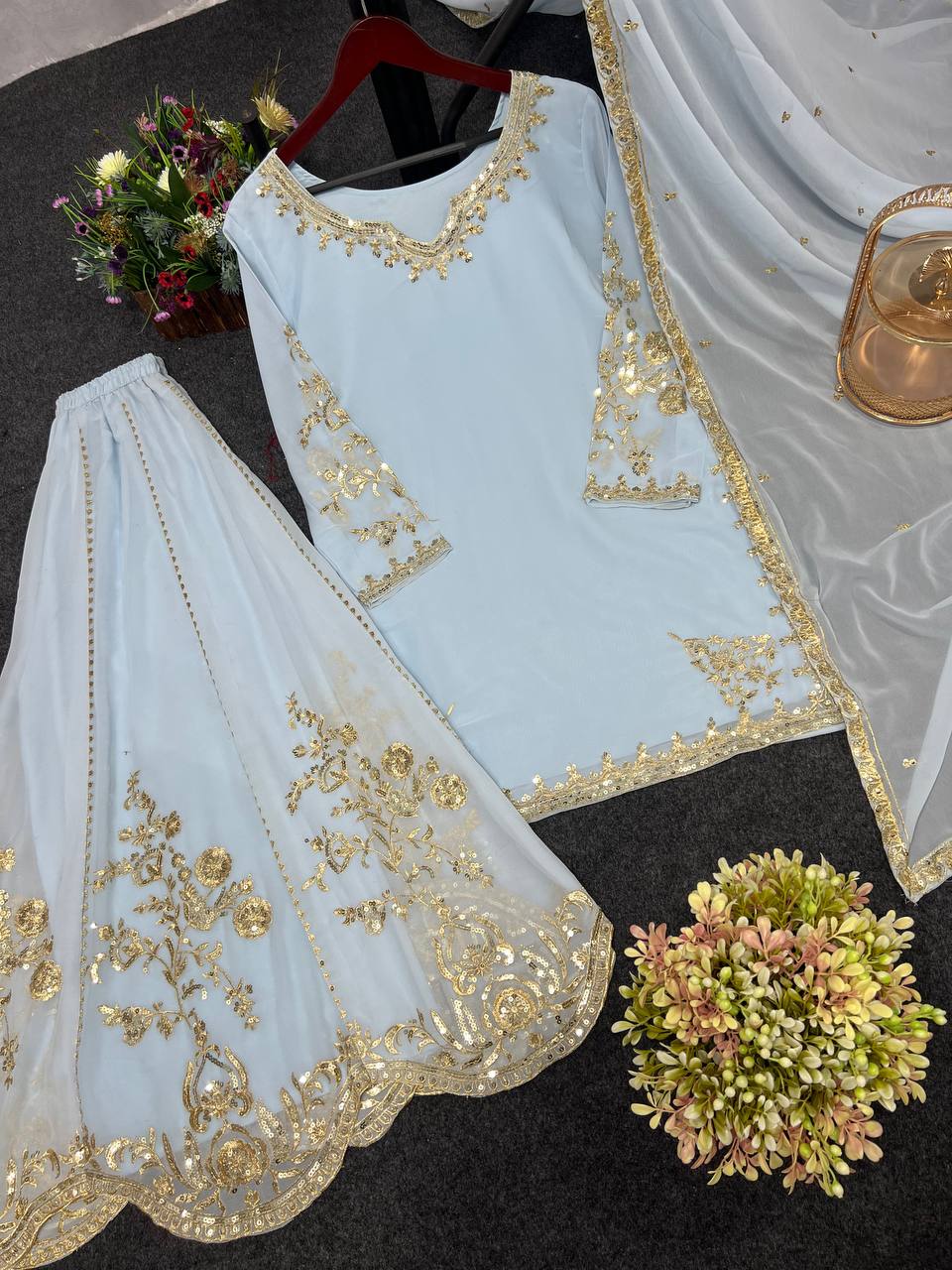 Beautiful Sky Blue Color Kurti With Sharara And Dupatta