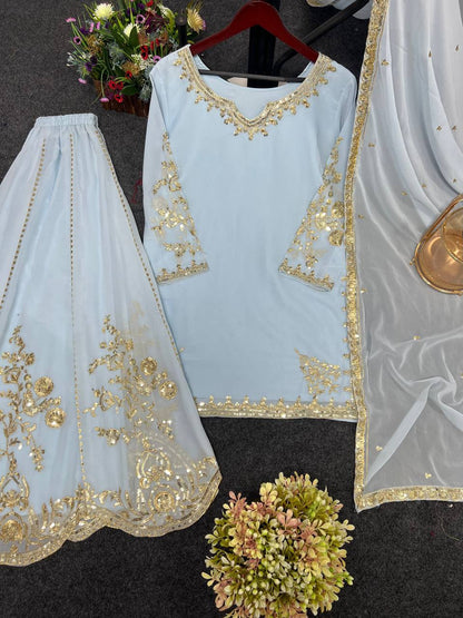 Beautiful Sky Blue Color Kurti With Sharara And Dupatta