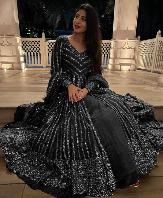 Delightful Sequence Thread Work Black Top With Lehenga