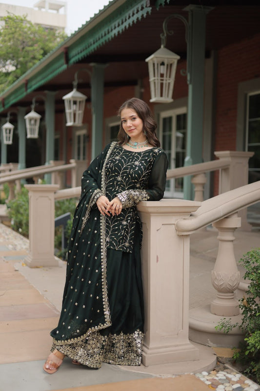 Opulent Rangoli Silk Green Color Palazzo Suit With Dupatta