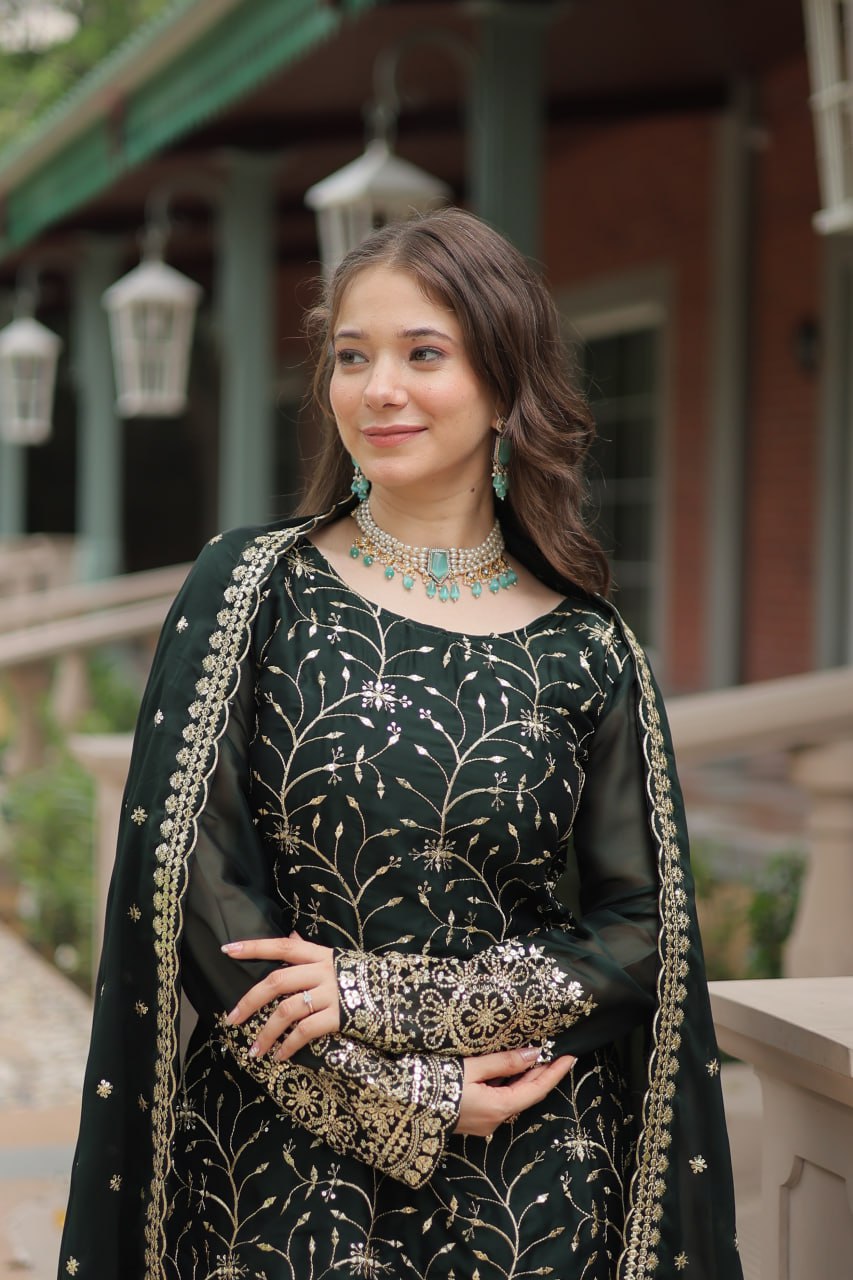 Opulent Rangoli Silk Green Color Palazzo Suit With Dupatta
