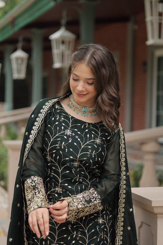 Opulent Rangoli Silk Green Color Palazzo Suit With Dupatta