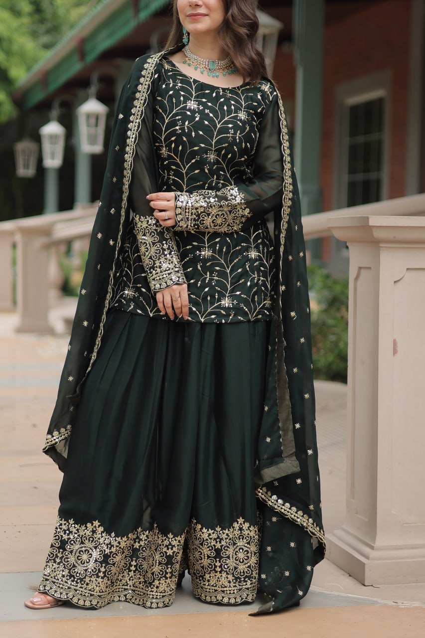 Opulent Rangoli Silk Green Color Palazzo Suit With Dupatta