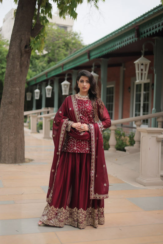 Opulent Rangoli Silk Maroon Color Palazzo Suit With Dupatta