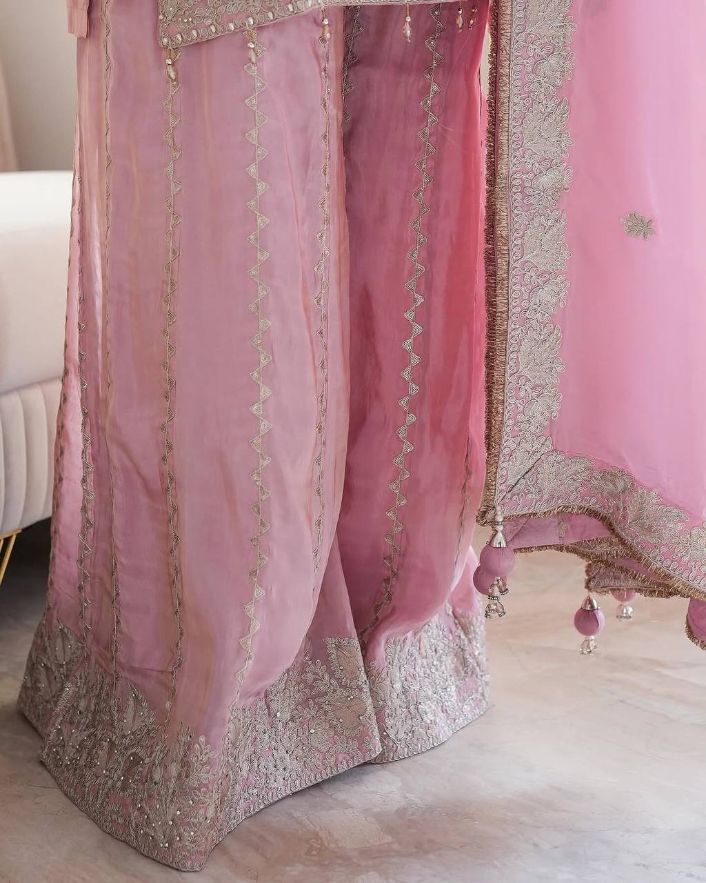 Delightful Pink Color Embroidery Top Gharara With Dupatta Set
