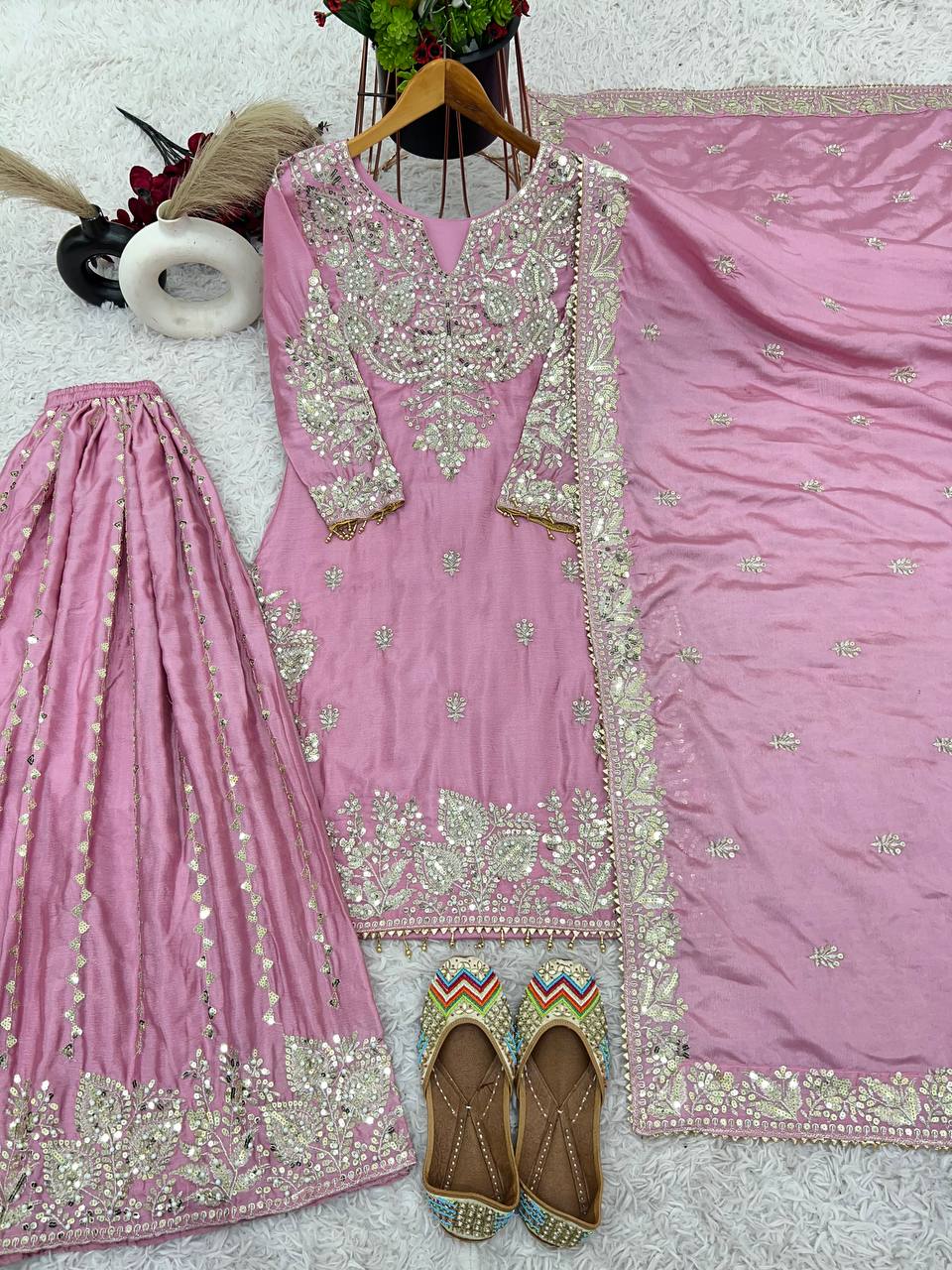 Delightful Pink Color Embroidery Top Gharara With Dupatta Set