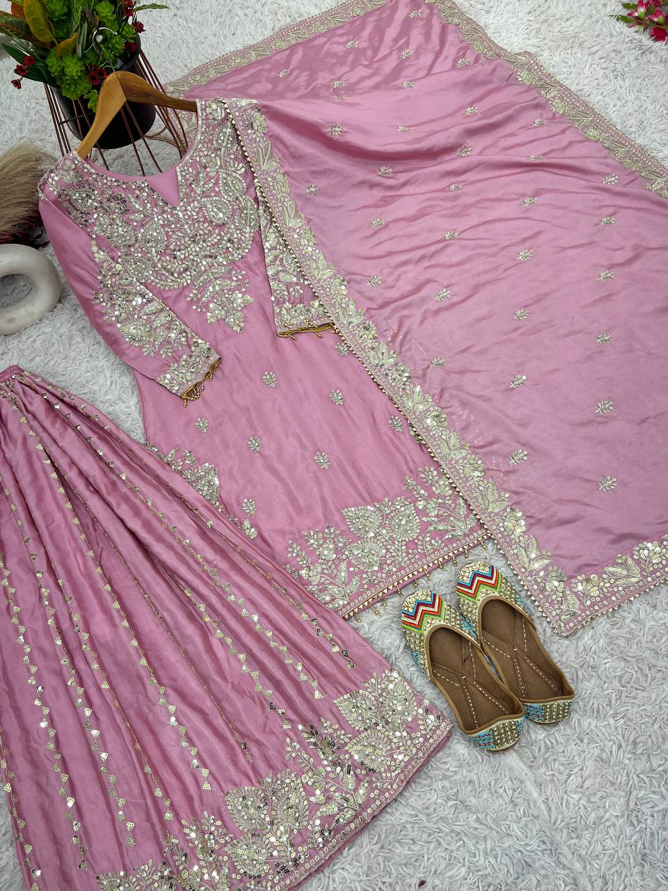 Delightful Pink Color Embroidery Top Gharara With Dupatta Set