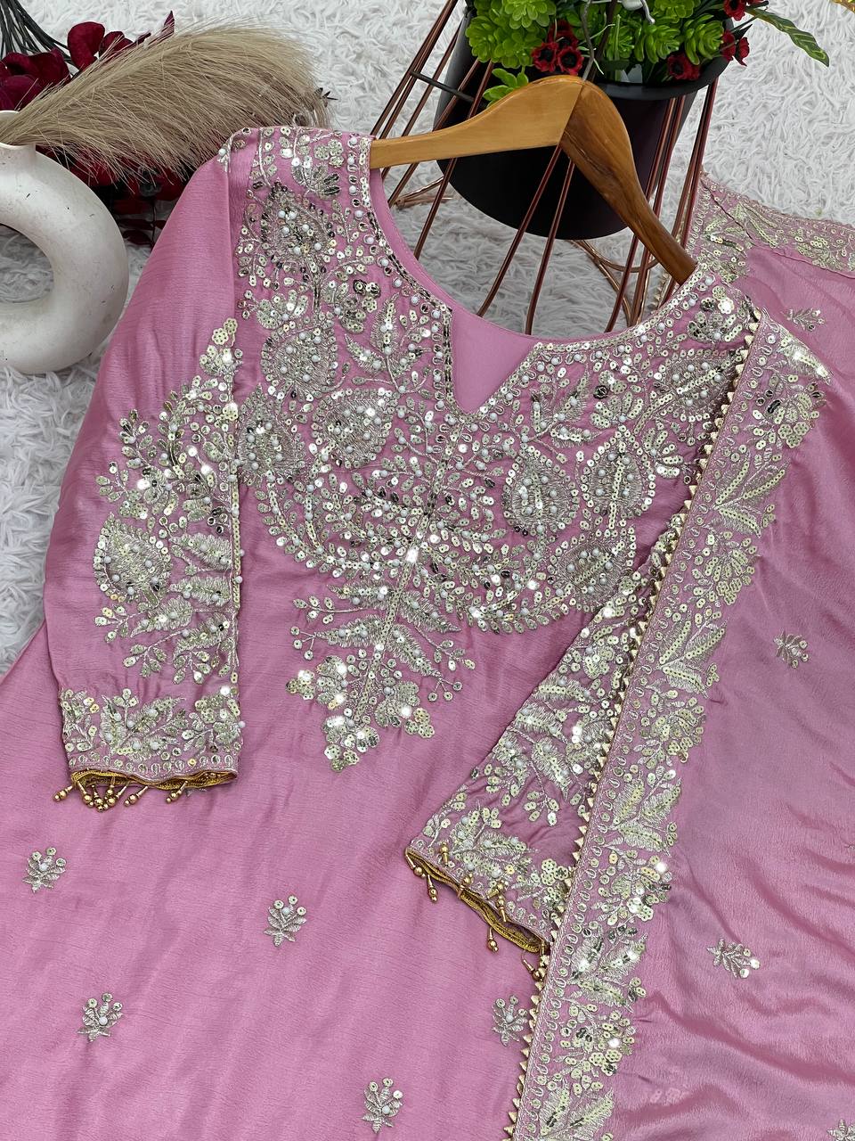 Delightful Pink Color Embroidery Top Gharara With Dupatta Set