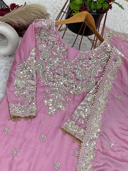 Delightful Pink Color Embroidery Top Gharara With Dupatta Set