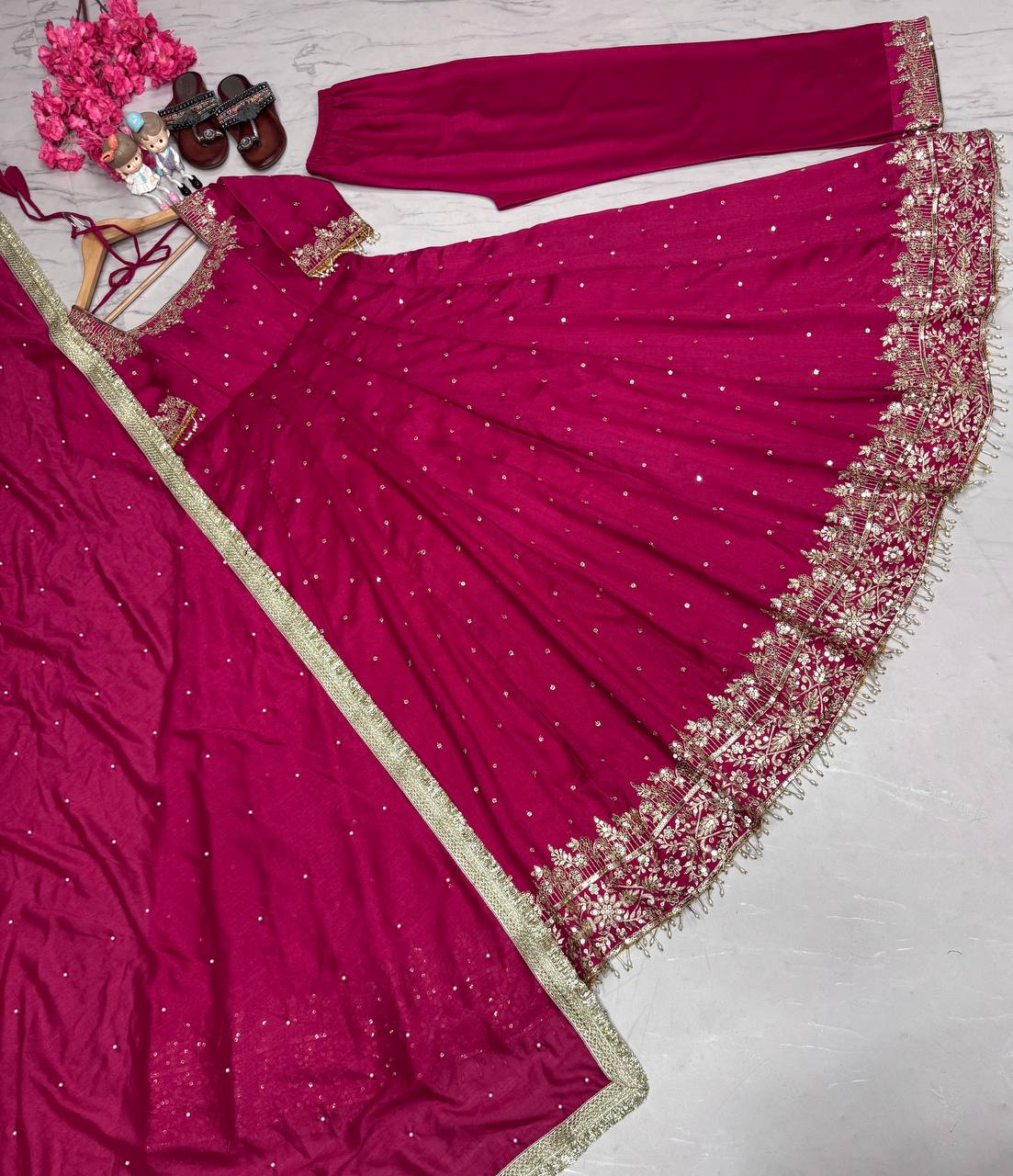 Glimmering Vichitra Silk Pink Color Anarkali Suit
