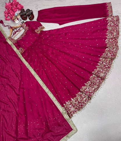Glimmering Vichitra Silk Pink Color Anarkali Suit