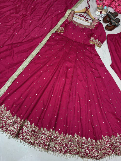 Glimmering Vichitra Silk Pink Color Anarkali Suit