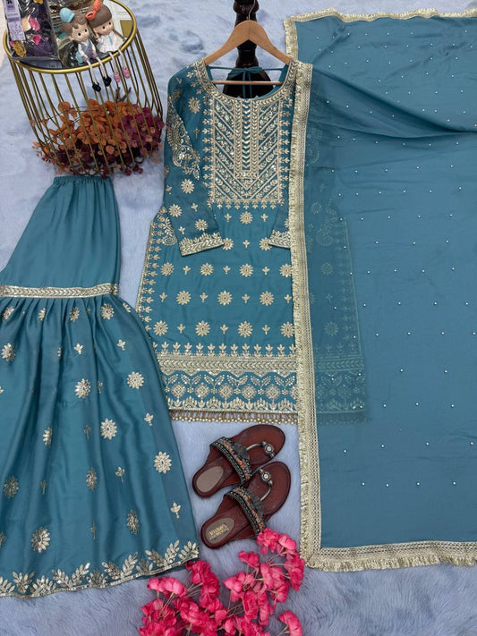 Flattering Georgette Sky Blue Color Sharara Suit