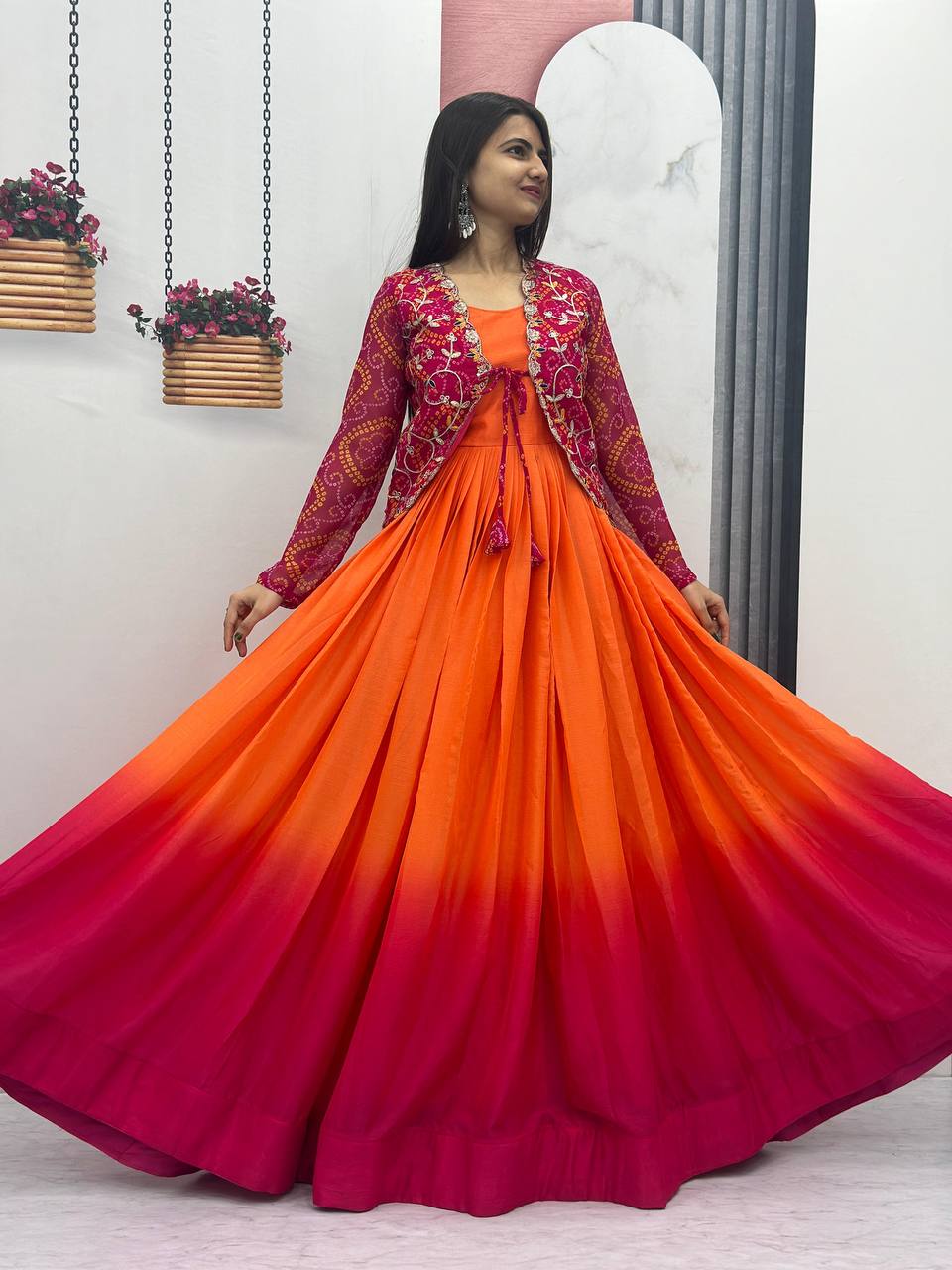 Blissful Chinon Tudey Orange Color Pink Koti Gown