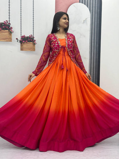 Blissful Chinon Tudey Orange Color Pink Koti Gown