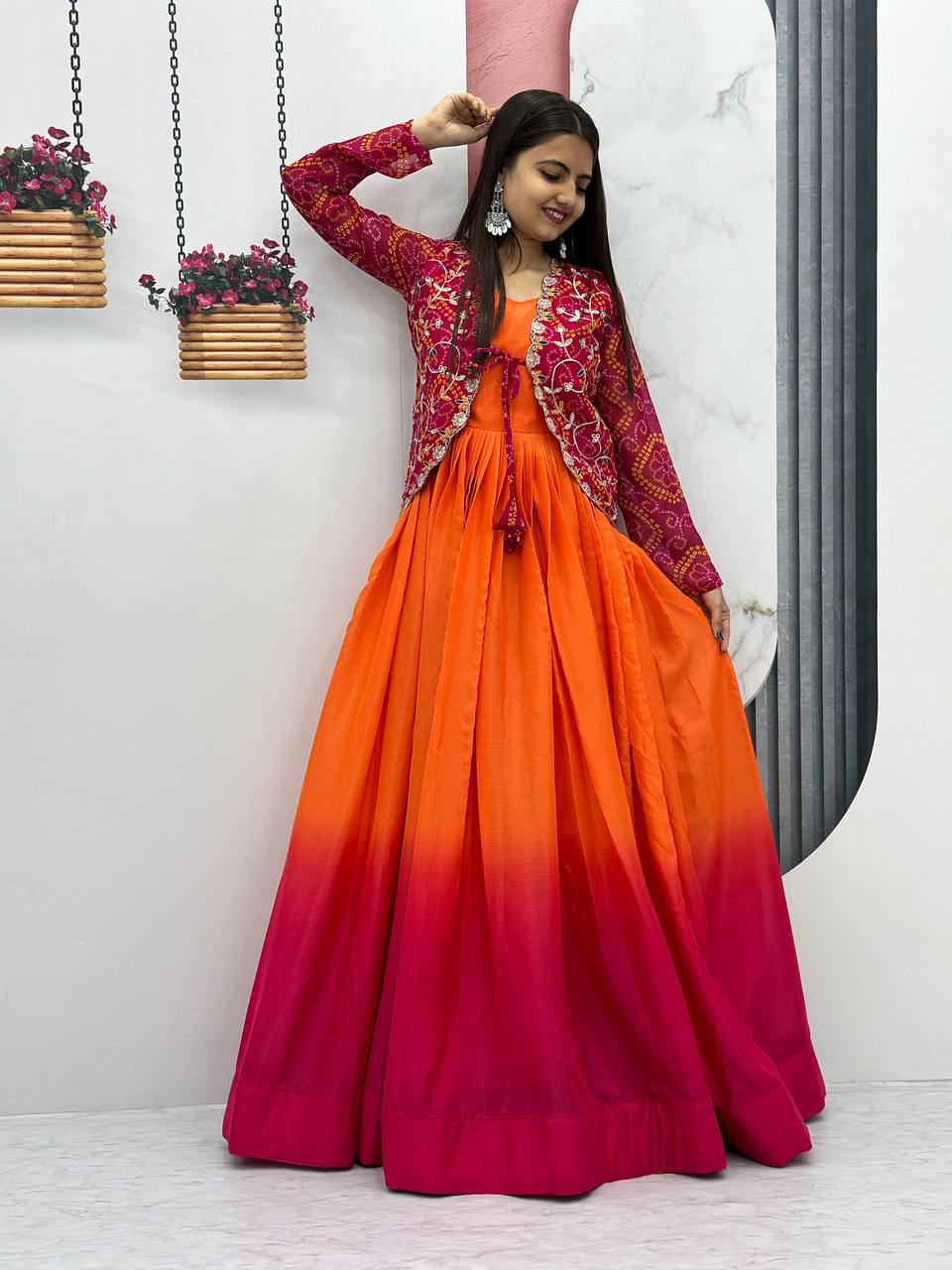 Blissful Chinon Tudey Orange Color Pink Koti Gown