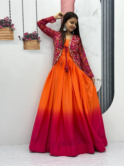 Blissful Chinon Tudey Orange Color Pink Koti Gown