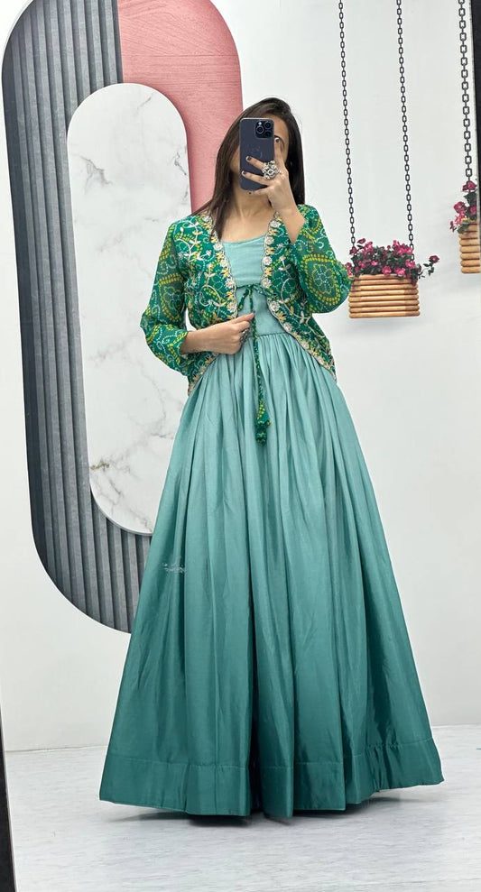 Blissful Chinon Tudey Sky Blue Color Teal Blue Koti Gown