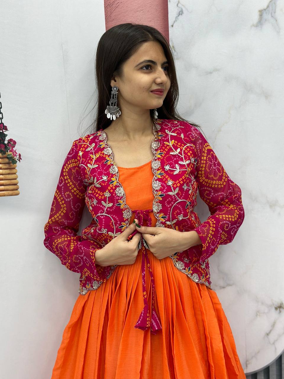 Blissful Chinon Tudey Orange Color Pink Koti Gown