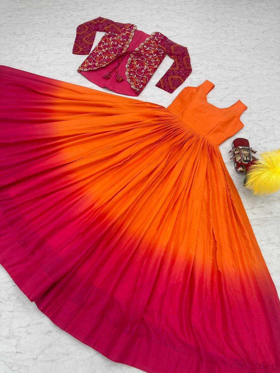 Blissful Chinon Tudey Orange Color Pink Koti Gown