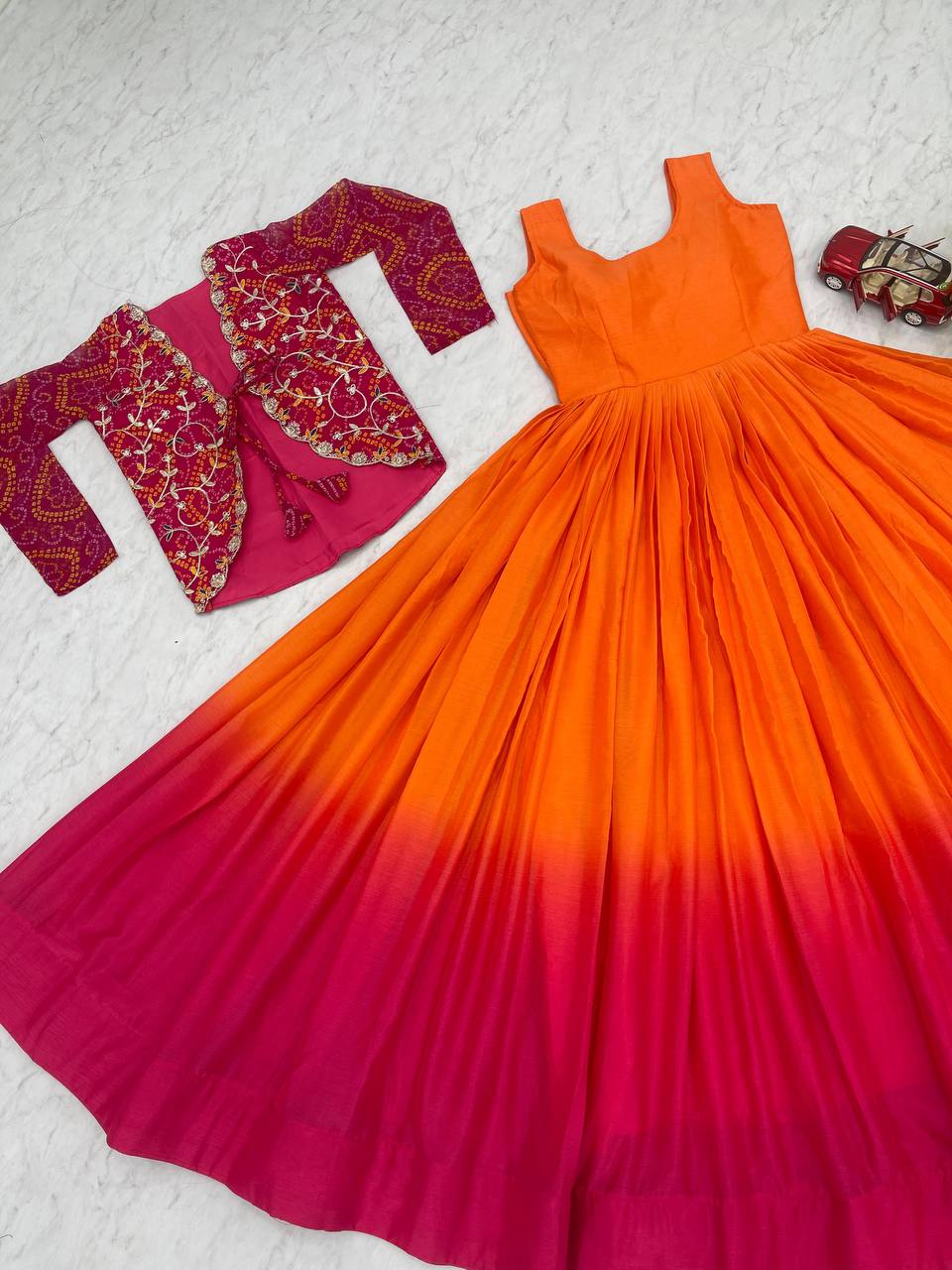 Blissful Chinon Tudey Orange Color Pink Koti Gown