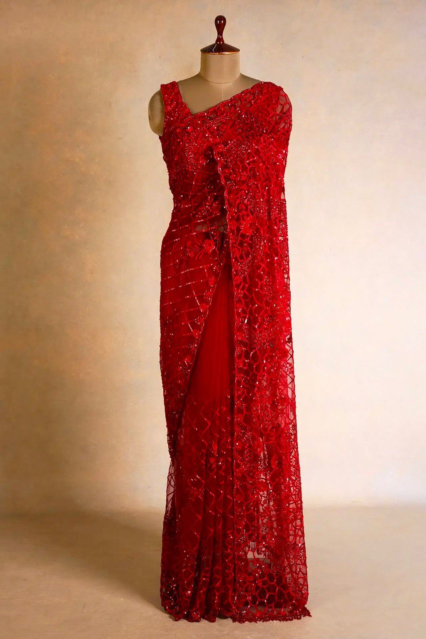 Party Wear Soft Net Red Color Fancy Saree