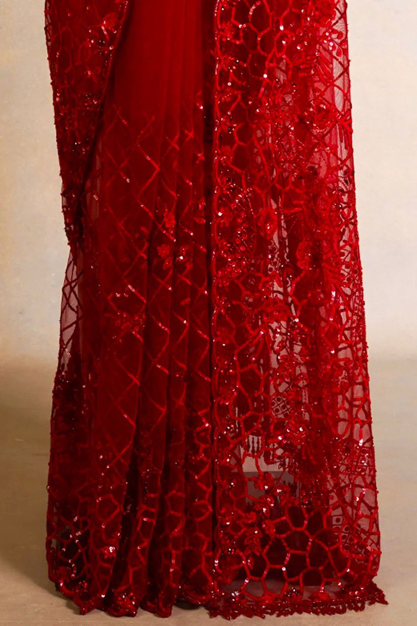 Party Wear Soft Net Red Color Fancy Saree