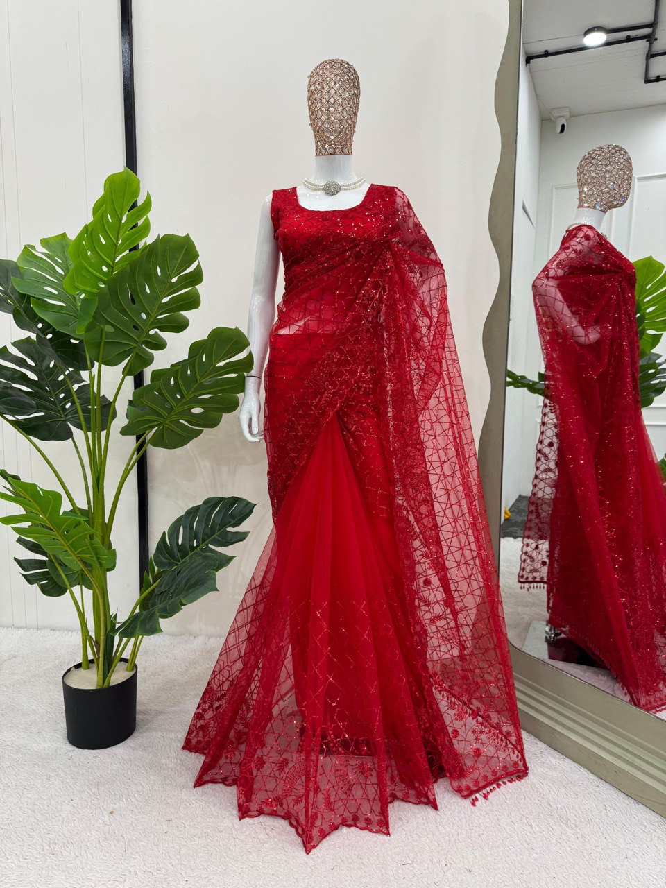 Party Wear Soft Net Red Color Fancy Saree