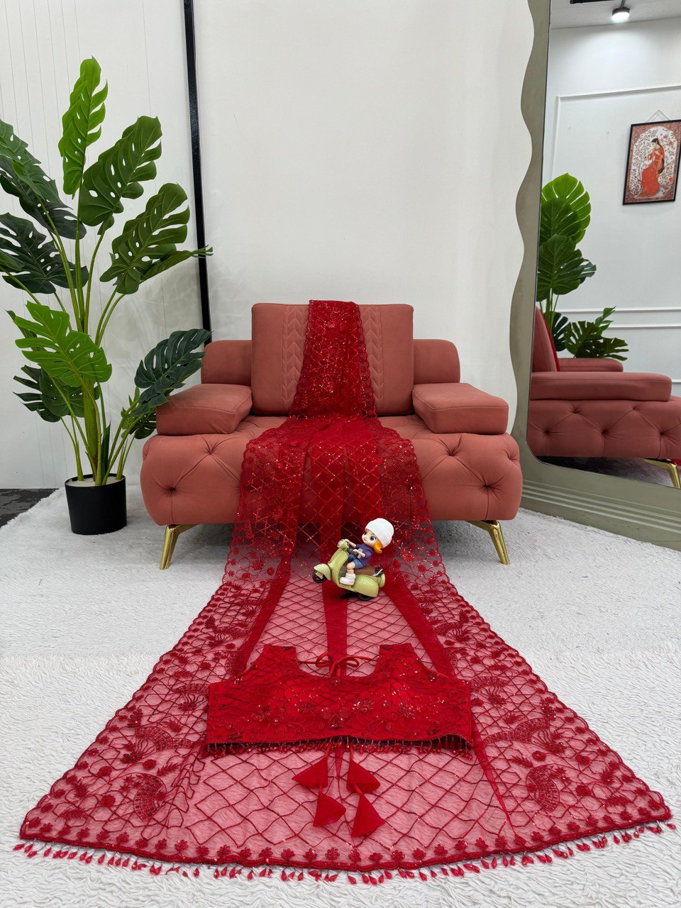 Party Wear Soft Net Red Color Fancy Saree