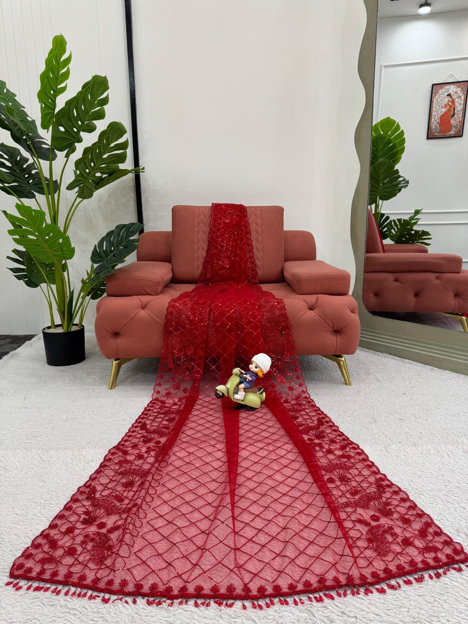Party Wear Soft Net Red Color Fancy Saree