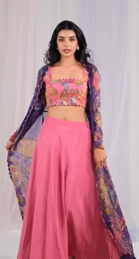 Attractive Kalamkari Print Pink Color Palazzo Top With Shrug