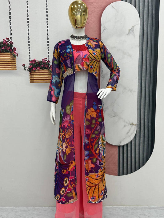 Attractive Kalamkari Print Pink Color Palazzo Top With Shrug