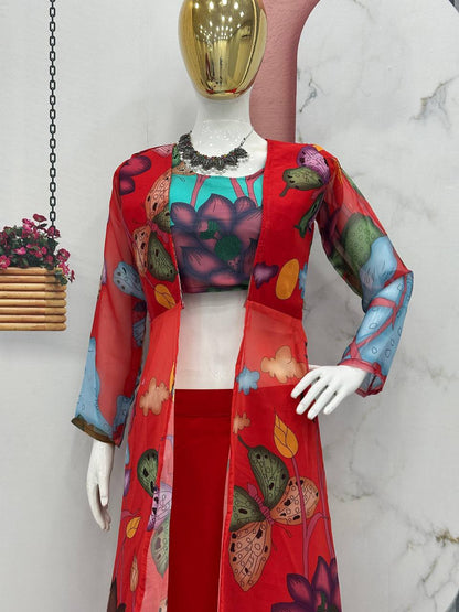 Attractive Kalamkari Print Red Color Palazzo Top With Shrug