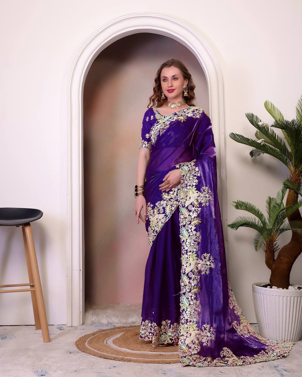 Pattern Wedding & Party Wear Heavy Embroidery Purple Color Saree